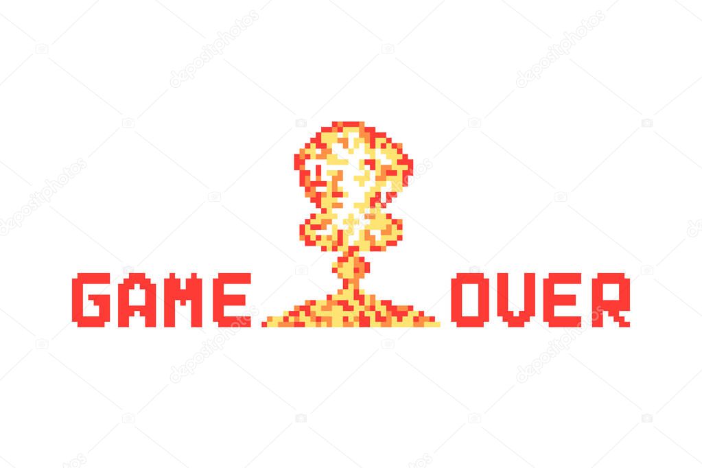 Pixel art explosion like game over vector illustration. concept of 8-bit old sign for gamer and conflict with nuclear destroy. flat pixelart style logotype graphic design isolated on white background