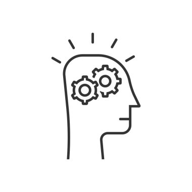 ince çizgi düşünme sürecinde siyah insan kafası. verimli çalışan veya lider düşünce bozukluğu kavramı. düz doğrusal eğilim modern logo veya beyaz arka plan üzerinde izole grafik sanat tasarım
