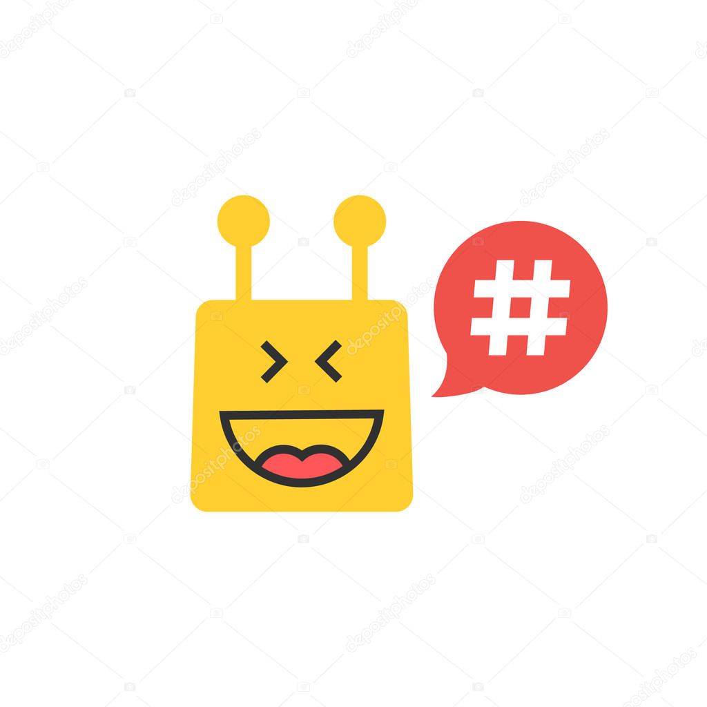 yellow chatbot with hashtag in red speech bubble. concept of promotion and advertising by internet chatterbox or interesting information. flat trend logotype ui design isolated on white background