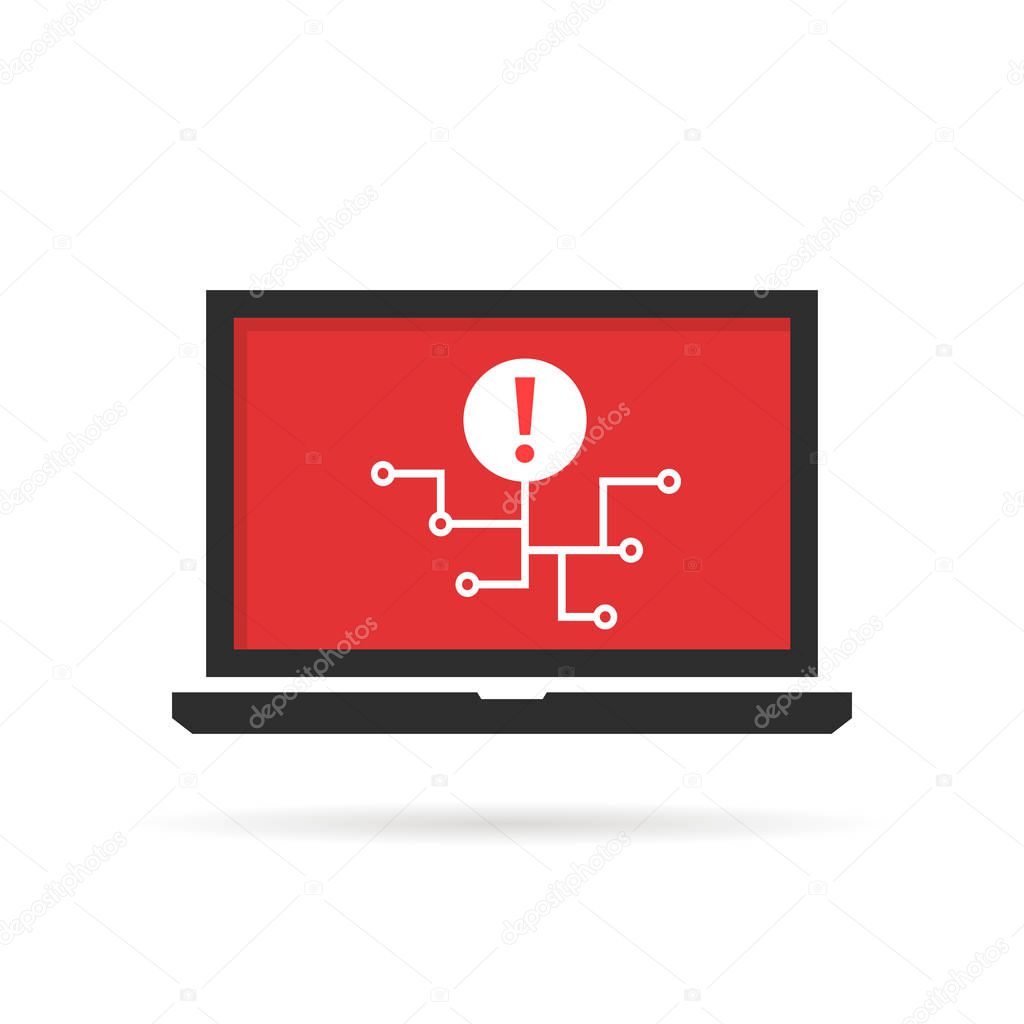 notebook with cyber attack and virus spread. simple flat style trend modern logotype graphic design isolated on white background. concept of spyware encrypted for ransom and public system hacking