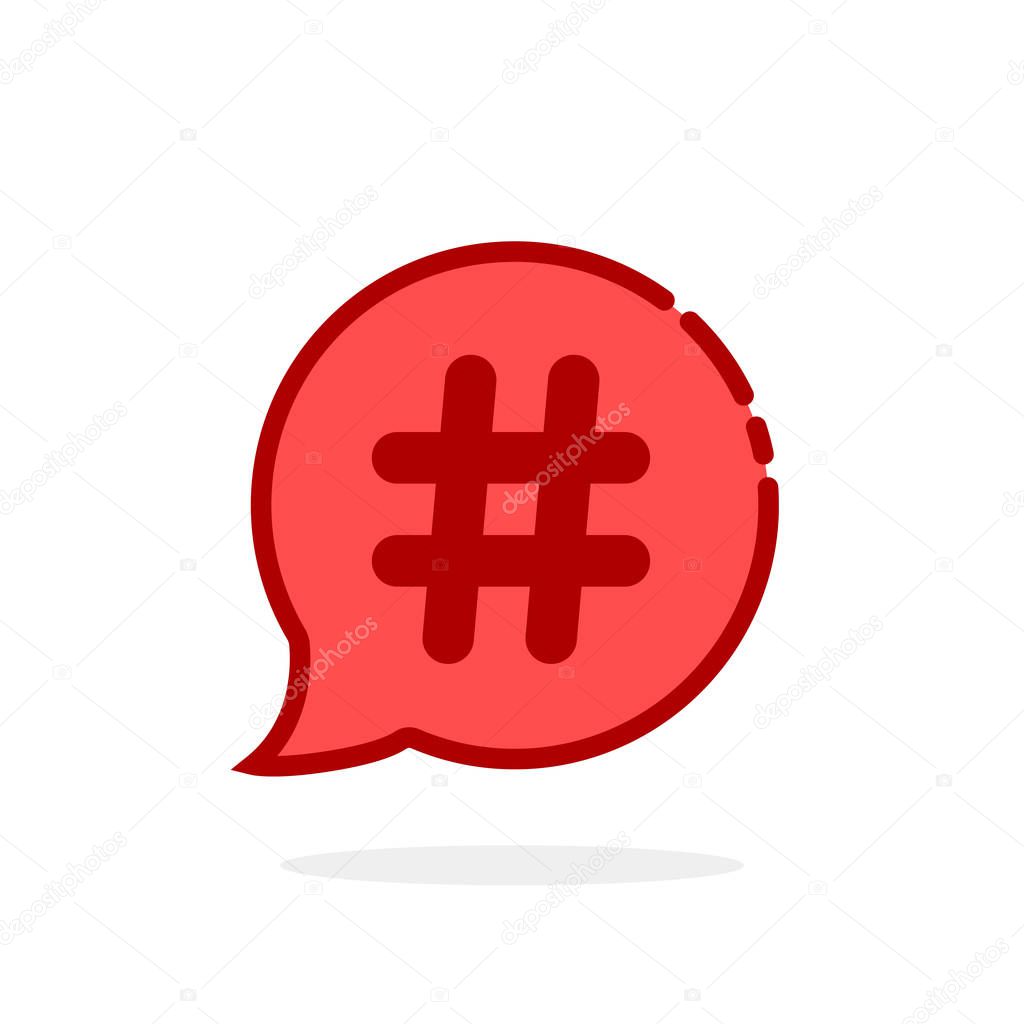 Red cartoon hashtag logo on white background. concept of public relations like follow me or short messages or popup in social network. linear flat style trend modern logotype graphic art design