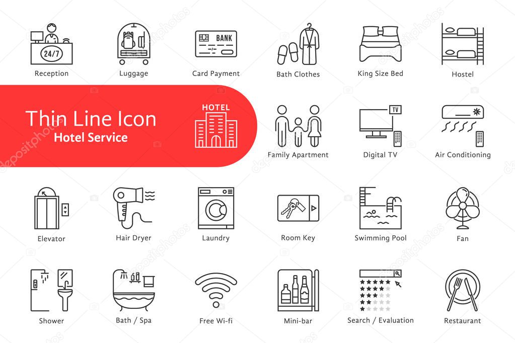Thin line icons set for hotel and home life. linear flat style modern logotype stroke graphic art design isolated on white. concept of privacy location for rest and stay relax or motel website signs