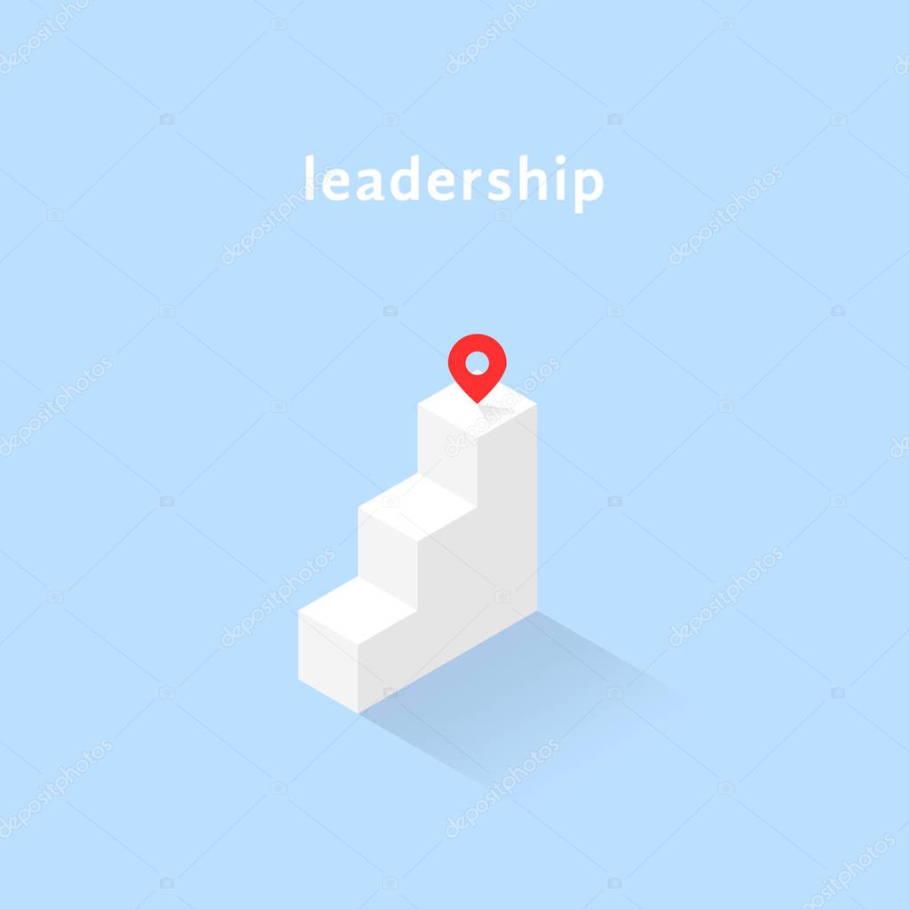 Isometric stairs with geotag like leadership. flat simple trend 3d sucess logotype graphic design isolated on blue background. concept of get on top or reach marker for people motivation start up
