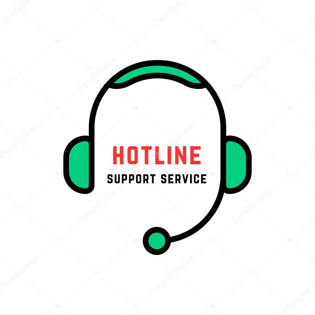 Linear style abstract hotline logo isolated on white. concept of 24 7 help communicate for client contact by adviser or counselor with headphone. simple flat unique crm logotype graphic art design