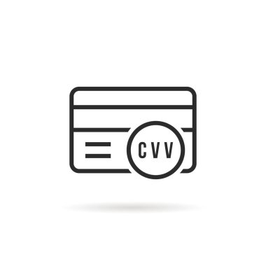 CVV kodlu siyah, ince bir kredi kartı. Düz çizgi tarzı trend modern logottip grafik sanat basit tasarım beyazda izole edildi. İnternet bankacılığı sembolü veya dijital finansal etiket kavramı