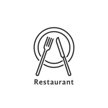 Basit siyah ince çizgili restoran logosu. Beslenme hizmeti konsepti ya da yemek odasında ya da kantinde servis yapmak. kontur düz stil vuruş logoti grafik tasarım elementi beyaz üzerine izole edildi