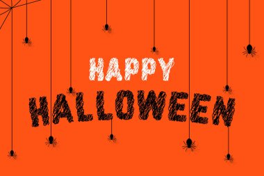 Karalamalar üzerindeki örümcekler mutlu Cadılar Bayramı metinleri. El çizimi düz modern çizim grafik tasarımı turuncu arka planda izole edilmiş. Çocuklar için korkunç Amerikan bayramı kavramı ya da örümcek ağlı retro pankart