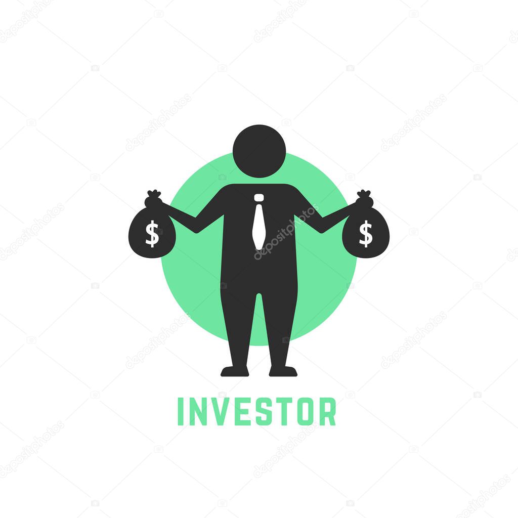 money benefit symbol with investor icon. concept of small business seller or advantage start up. flat style trend modern conceptual logotype graphic design illustration isolated on white background