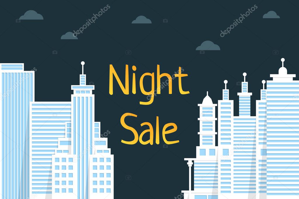 night sale with flat style city. simple trend modern graphic or rebate cartoon design on background. concept of mega discount like shopping in town or internet and clearance banner for e-commerce