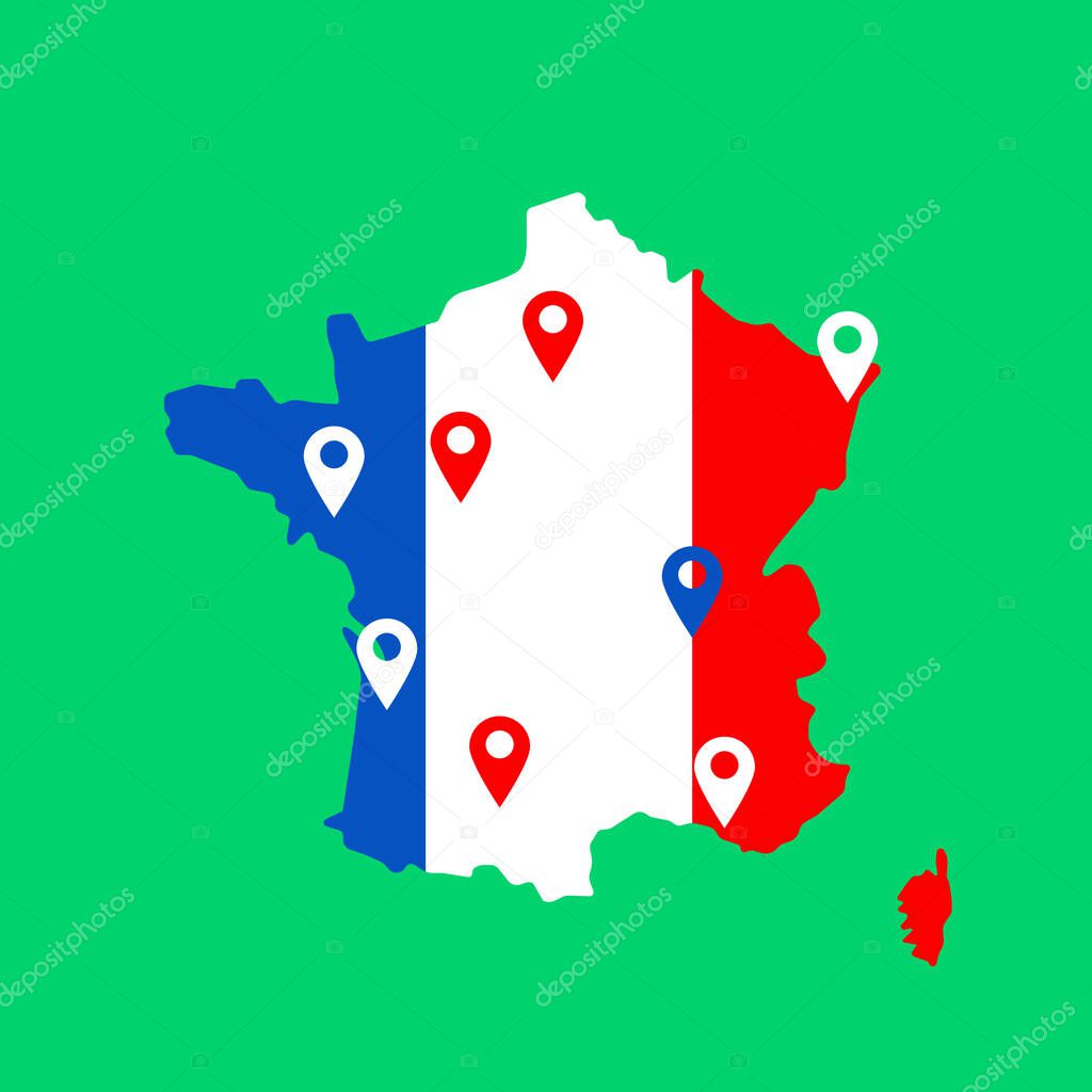 Color map of france with pins on main cities. simple flat style trend modern logo graphic design isolated on green background. concept of abstract french outline mapping like infographics element