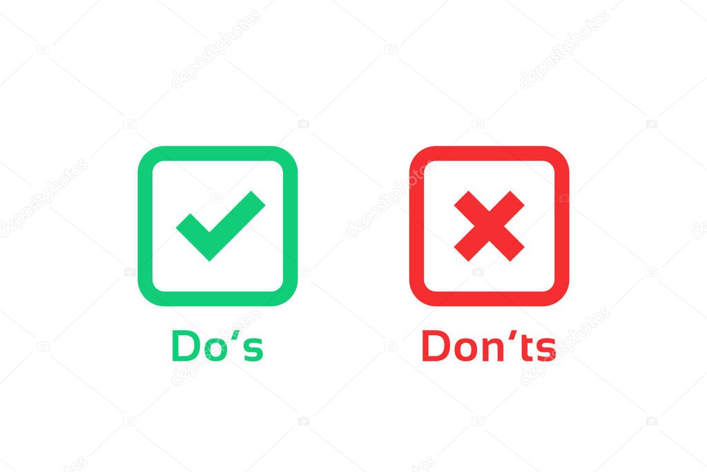 dos and donts marks like learning test. simple square flat trend logotype graphic outline design illustration isolated on white. concept of checklist symbol for recommendations and review or evaluate