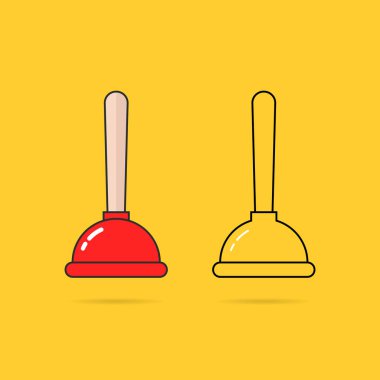 İki ince çizgi pompa ikonu seti. Düz konturlu modern logo grafik tasarımı sarı arka planda izole edildi. Duşta, tuvalette ya da küvette tıkanma ve felç temizleme aracı sembolü