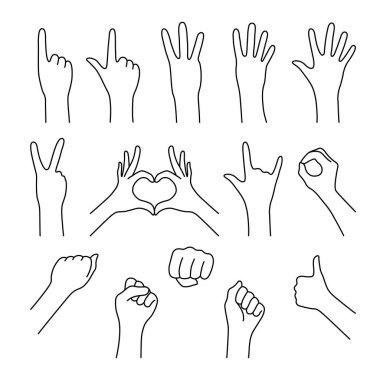 Siyah ince çizgili el hareketi. Düz çizgi film modern basit düz tutuş logosu grafik sanat tasarımı beyaza izole edildi. Kadın jesti ya da taş jesti konsepti ya da dört, beş ya da üç gösterimi