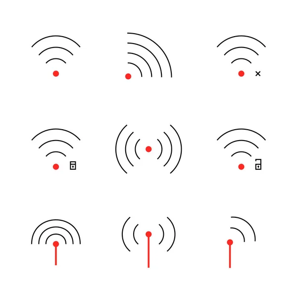 一组细线Wifi信号图标 免费无线网络的概念 如强度波或广播无线传输 线性扁平现代笔划风格图形艺术设计图解 独立于白色 — 图库矢量图片