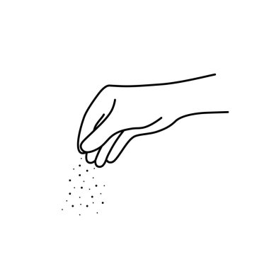 İnce çizgili şef kadın eli tuzlu. düz doğrusal çizim tarzı trend modern siyah logo grafik sanat tasarımı beyaz zemin üzerinde izole. Bir kişinin koluna baharat serpiştirmek ya da balıkları beslemek kavramı
