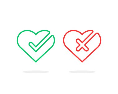 Kalplerde doğrusal kontrol işaretleri. Düz çizgi film stili trend modern, beyaz arkaplanda izole edilmiş felç logoti grafik tasarımı inkar ediyor. Tam onay kutusu ya da ui düğmesi konsepti ve tamam ya da onaylandı etiket doğrulama