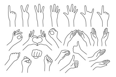 Gerçekçi jestlerin el şekli. Siyah ley stroke logosu grafik tasarımı beyaza izole edilmiş. Dur, yardım, kaya, sembol v, sağ sol, animasyon bir, iki, üç, dört, beş, sıfır