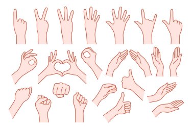 Koleksiyon el şekli jest gibi. Dur yardımı ya da rock sembolü v, sağ ya da sol, bir, iki, üç, dört, beş, sıfır numaralı animasyon. Basit ley stroke logosu grafik tasarımı beyaza izole edildi