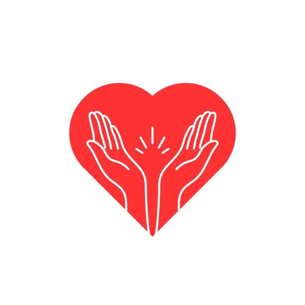 Contorno Oración Manos Con Logotipo Del Corazón Lineal Estilo Plano — Vector de stock
