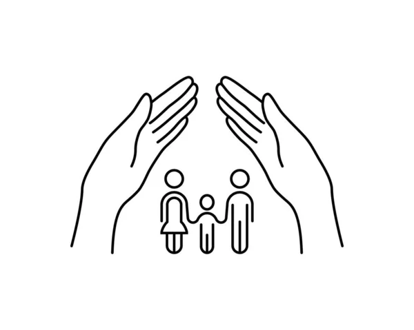 家族のケアと女性の手による保険 健康的な生活 社会的援助 避難所 女性とのサインの愛 快適さ 白の線形スタイルトレンドロゴグラフィックデザイン — ストックベクタ