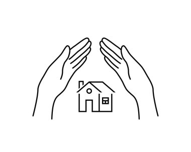 Gayrimenkul sigortası ve doğrusal eller. Ev alarm sistemi tabelası ya da apartman sigortası kavramı. düz basit kontür tarzı trend modern logottip grafik sanat tasarımı beyaz arkaplan üzerinde izole