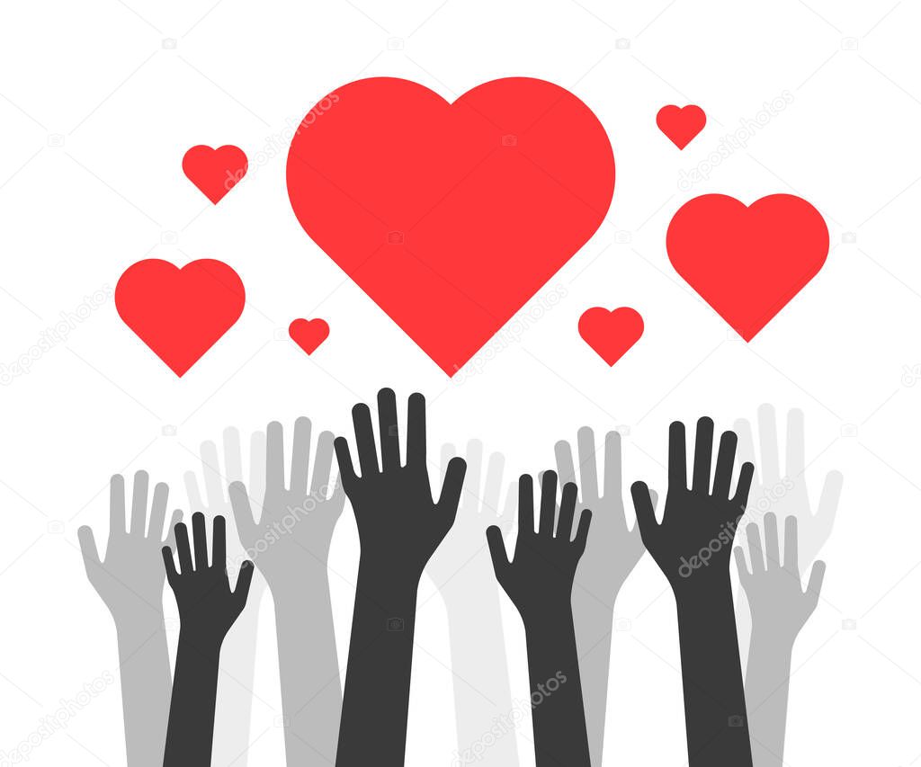hands up with hearts like volunteers charity. concept of money or food union global donation and healing or mercy. simple flat style trend red teamwork logo graphic design isolated on white background