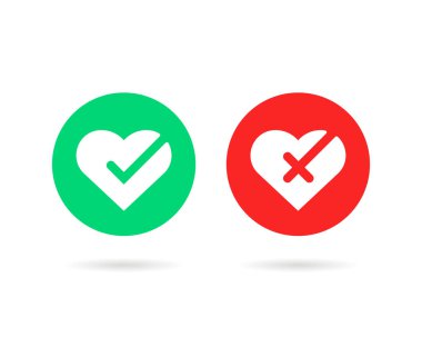 Kalp işareti simgesini işaretle. Anket işareti kavramı ya da kabul ve onaylama ya da internet için soyut nefret rozeti kavramı. Basit düz stil trend modern yuvarlak logotip grafik tasarımı beyaz arkaplan üzerinde izole