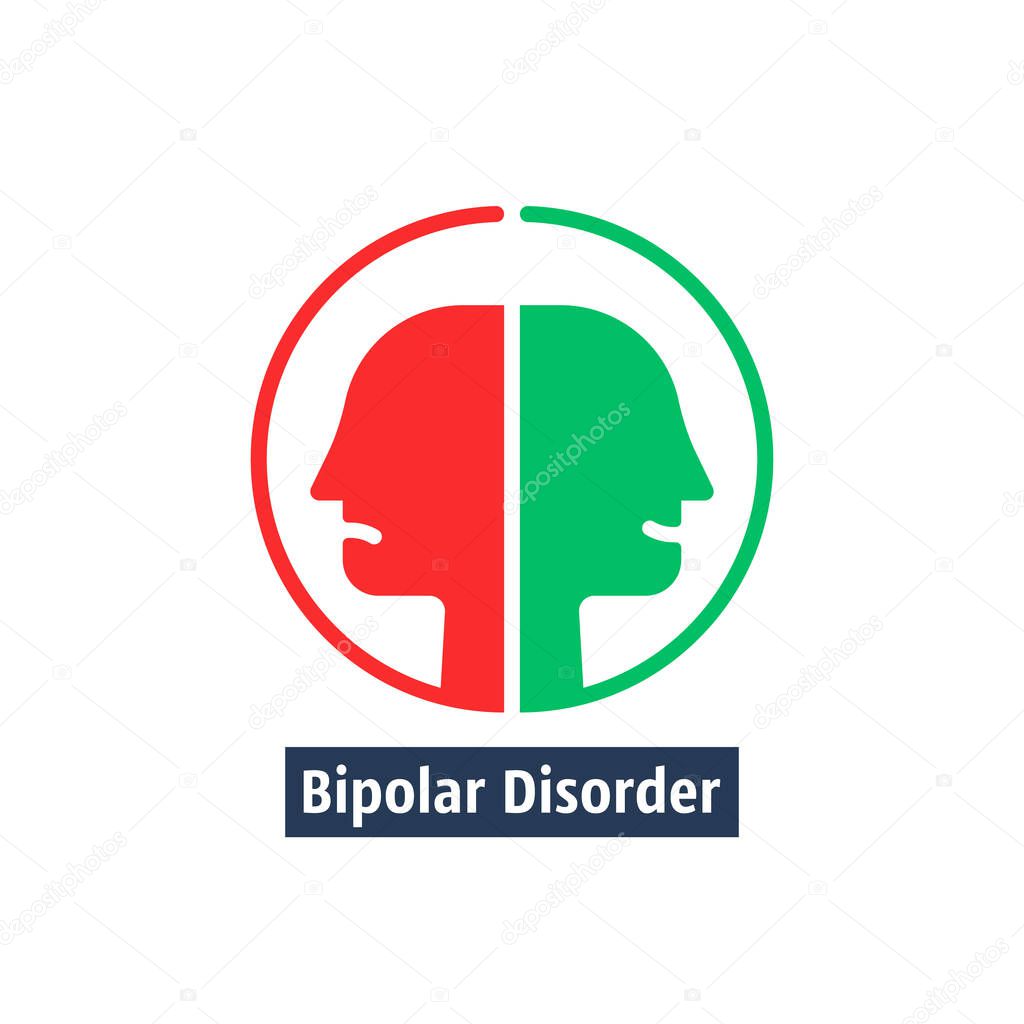 Human heads like bipolar disorder. simple flat trend modern outline man logotype graphic art design isolated on white background. concept of split personality or schizo diagnosis and duality person