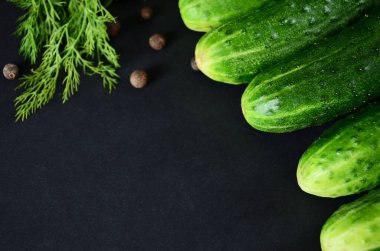 Yeşil taze salatalık kokulu biber ve dereotu seriyor.