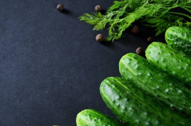 Yeşil taze salatalıklar sol alt köşede bir sıra halinde serilmiş, yeşil taze dereotu ve kokulu biber bezelyesi ile gri bir zemin üzerinde. Yukarıdan kopyalama alanı ile görüntüle