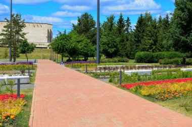 Çiçek tarlaları boyunca farklı renklerde kırmızı asfalt yollar, şehirde yürüyüş, aile ile dinlenme