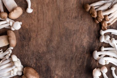 Ahşap masa manzaralı mantar. Boşluğu kopyala. Üst görünüm.