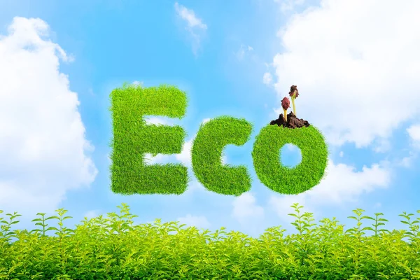 Eco symbols that are green, sky background, ideas, white factories and renewable energy