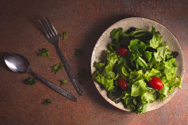Salata kaşıkla antika bir tabakta servis edilir. Koyu metal arka planda, üst tarafta, kırsal alanda, kare resimde prova edilir.