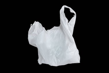 Siyah üzerine izole edilmiş beyaz plastik torba, siyah üzerine izole edilmiş beyaz plastik torba..