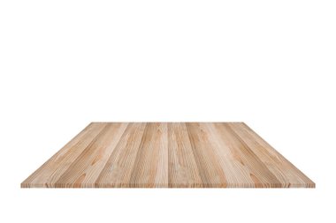 Ürünlerinizi görüntülemek ya da montajlamak için kullanılan beyaz arkaplanda izole edilmiş ahşap masa