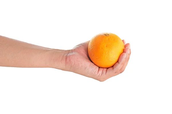 Hand Innehav Orange Isolerad Bakgrund — Stockfoto