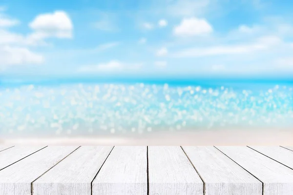 Holzboden Mit Meer Und Himmel Verschwommen Hintergrund Sommer Hintergrund Der — Stockfoto