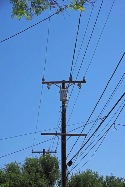 Stâlp Distribuție Energiei Electrice Linii Electrice Copaci Cer Albastru — Fotografie, imagine de stoc