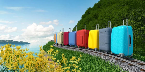 Various colored suitcases go on rails one after another. South road to the sea. The metaphorical image of a train