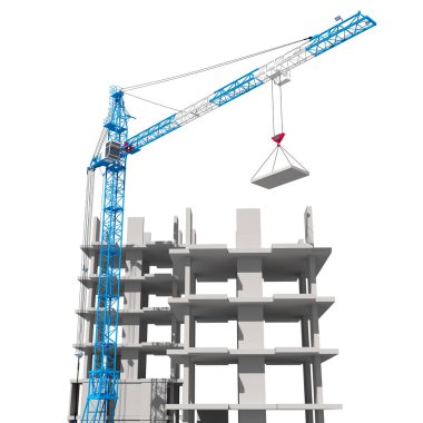3D çizimi bir kule vinç perspektif içinde bina bir bina. İzole