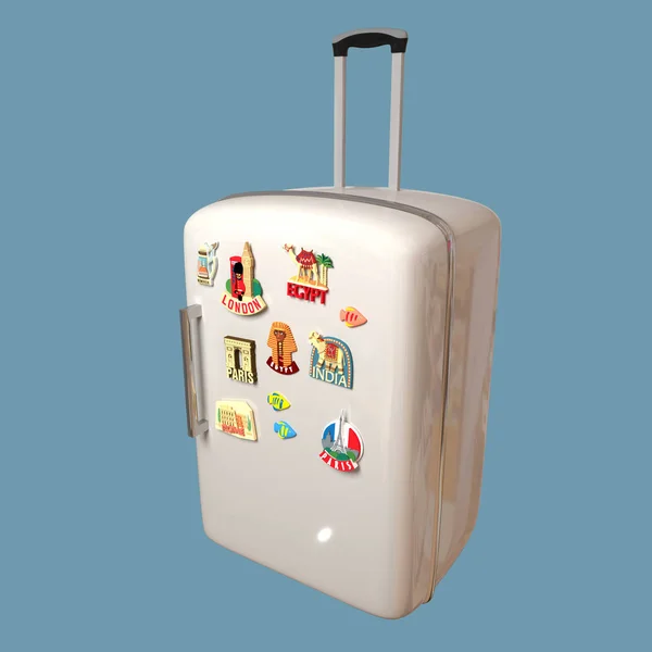 Illusztráció Egy Hűtőszekrény Egy Utazási Bőrönd Formájában Mágnesekkel Modellezés — Stock Fotó