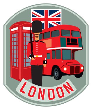 Etiket Londra. İngiltere, bir gardiyan, bir telefon kulübesine girip bir otobüs sembollerin. Vektör grafikleri