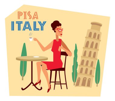 Turist etiket Pisa İtalya. Kısa Kırmızı elbiseli bir kız Leaning Tower of Pisa arka plan üzerinde kahve içiyor. Vektör grafikleri