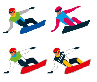 Set snowboard. Farklı renk spor giyim ayarlayın. Vektör grafikleri