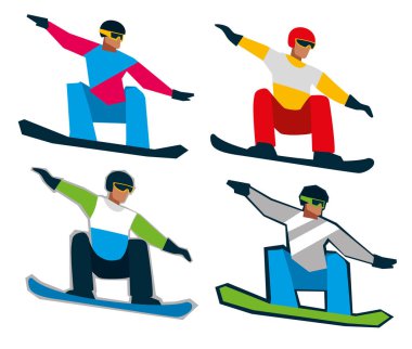 Bir snowboard silüeti. Farklı renk spor giyim ayarlayın. Vektör grafikleri