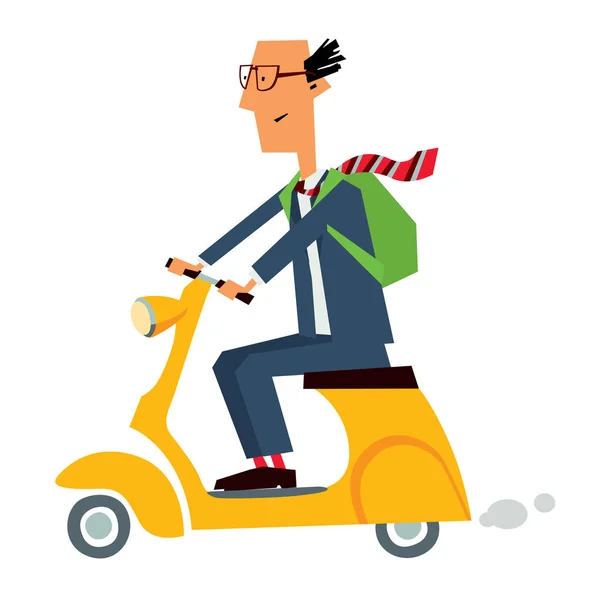 Cartoon Character Clerk Rides Small Yellow Scooter Vector Graphics Isolate — Stock Vector