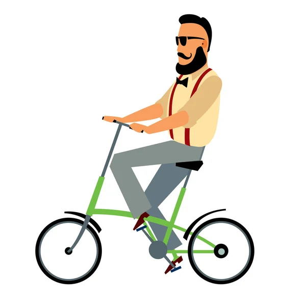 Hipster Masculino Moda Monta Uma Bicicleta Gráficos Vetoriais Isolar — Vetor de Stock