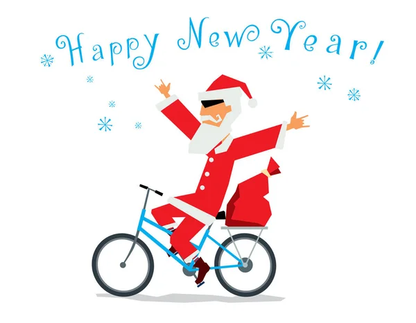 新しい年の絵葉書 陽気なサンタ クロースは 自転車に乗っています ベクトル グラフィック — ストックベクタ