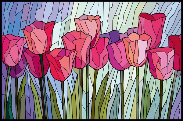 Ólomüveg Rózsaszín Tulipánok Szögletes Darabokat Vektorgrafika — Stock Vector